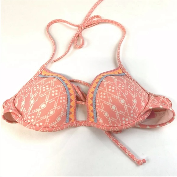 Victorias Secret Bikini Top 34A Fabulous Padded Halter Orange Blue Underwire
